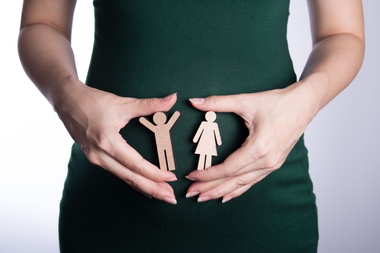 Close-up of a woman holding wooden gender cutouts, symbolizing gender and family concepts.